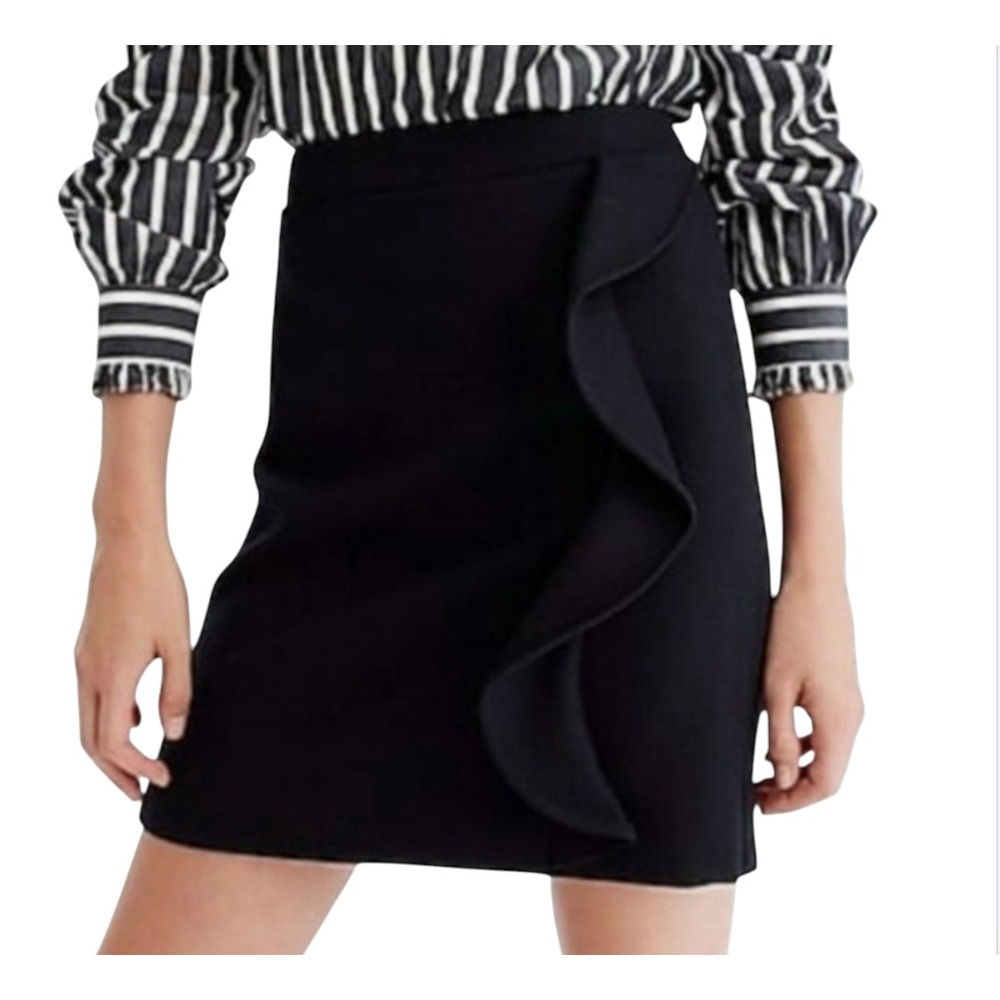 J CREW Mercantile BLACK WOOL BLEND MINI SKIRT PENCIL Side Ruffle Detail Lined 0